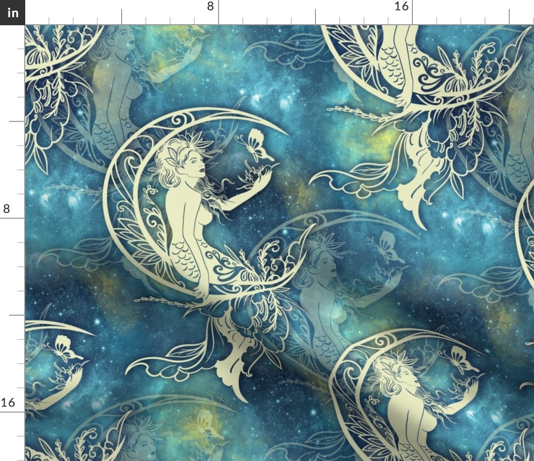 large MERMAID ON MOON NEBULA SKY BLUE