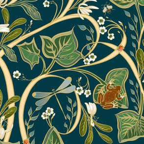 Royal Garden Art Nouveau | Deep Teal Green #023b45 + Cream