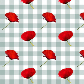 Red poppies on sage green gingham