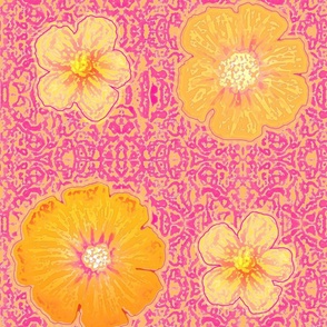 24" LARGE Hand painted Sunny Fuchsia Exotic Floral on Ikat Batik
