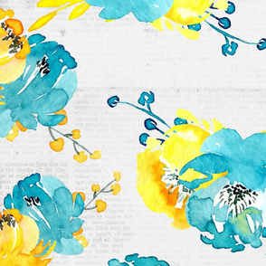 teal and yellow flowers on newspaper large scale