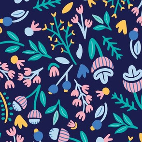 Summer Floral Illustration Navy Blue Teal Pink