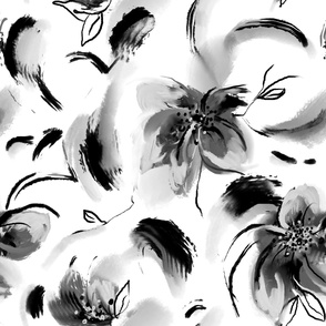 Watercolour floral black and white pattern,brush ,paint strokes 