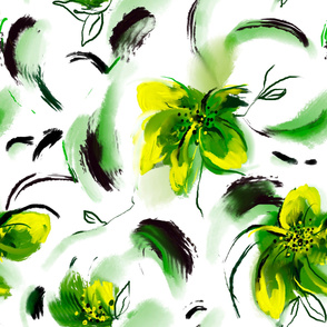 Watercolour floral green,yellow pattern,brush ,paint strokes 