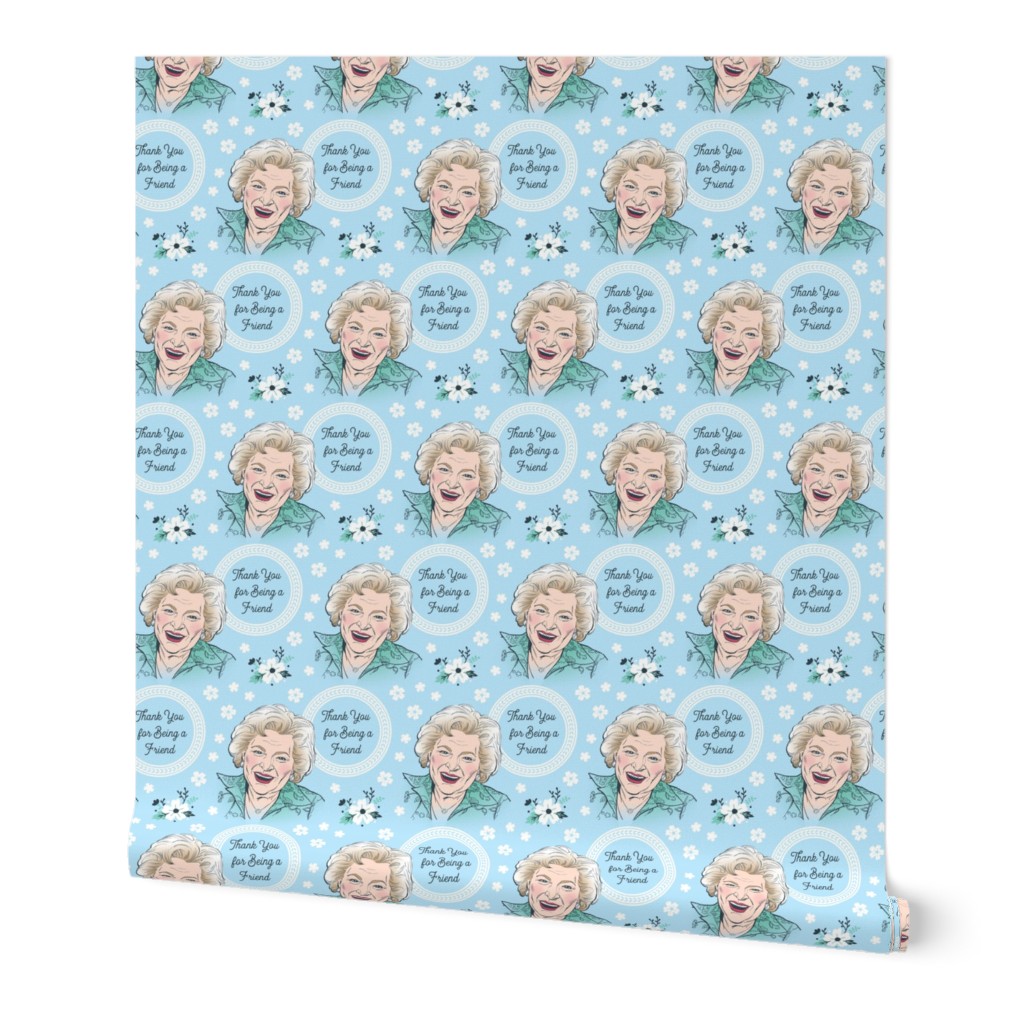 Betty White on blue floral