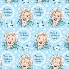 Betty White on blue floral