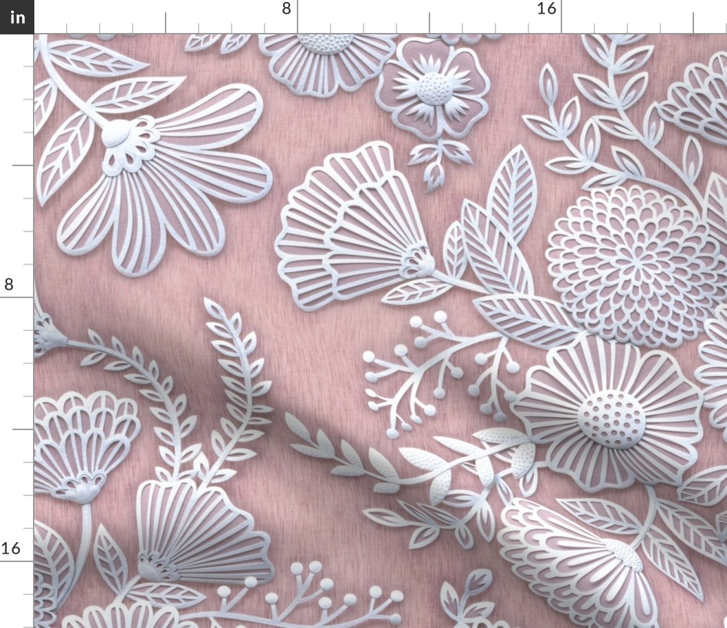 Paper Cut Flowers Faux Texture- Extra Large Scale- Romantic Rococo Floral Wallpaper- Home Decor- Pink- Mauve- Jumbo Scale Botanical Wallpaper