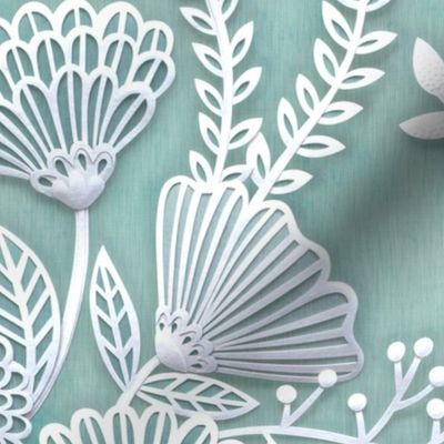 Paper Cut Flowers Faux Texture- Extra Large- Jumbo Scale Floral Wallpaper- Home Decor- Mint Green- Jumbo Scale Botanical Wallpaper