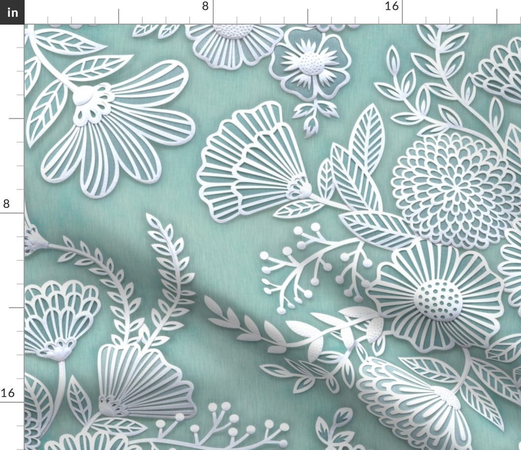 Paper Cut Flowers Faux Texture- Extra Large- Jumbo Scale Floral Wallpaper- Home Decor- Mint Green- Jumbo Scale Botanical Wallpaper