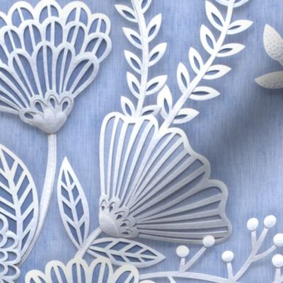 Paper Cut Flowers Faux Texture- Extra Large Scale- Jumbo Floral Wallpaper- Home Decor-Periwinkle Blue- Jumbo Scale Botanical Wallpaper