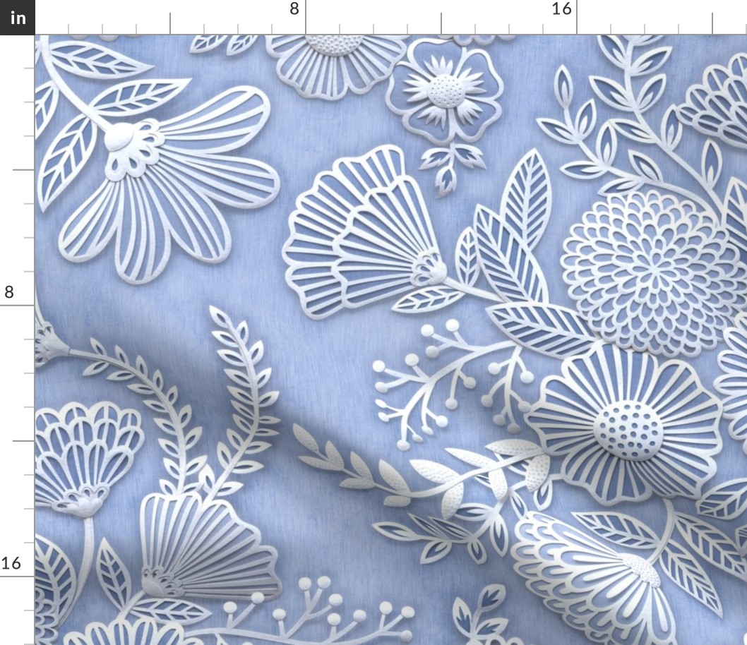 Paper Cut Flowers Faux Texture- Extra Large Scale- Jumbo Floral Wallpaper- Home Decor-Periwinkle Blue- Jumbo Scale Botanical Wallpaper