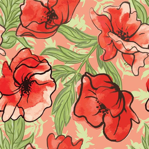 Bright red watercolour poppies repeat design with green foliage on pink