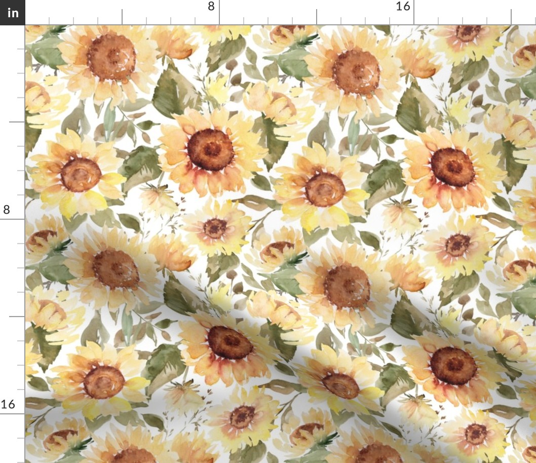 Watercolor sunflowers on white - large scale 