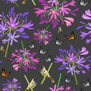 Agapanthus Enchantment (butterflies, birds + bees) - charcoal grey, large