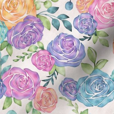 Loose Watercolor Rose Florals in Rainbow Hues on Eggshell White