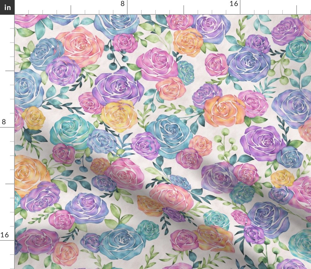 Loose Watercolor Rose Florals in Rainbow Hues on Eggshell White