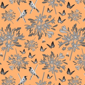 Agapanthus Enchantment (butterflies, birds + bees) - greyscale on terracotta orange, medium