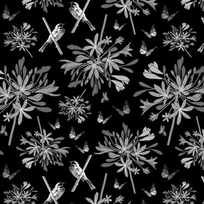 Agapanthus Enchantment (butterflies, birds + bees) - greyscale on black, medium