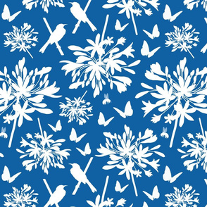 Agapanthus Enchantment (butterflies, birds + bees) - white on ocean blue, medium