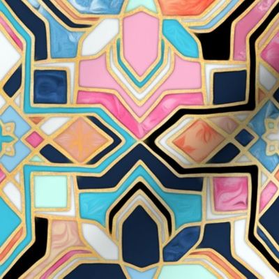 Boho Tilework in Coral Pink and Blue - Large