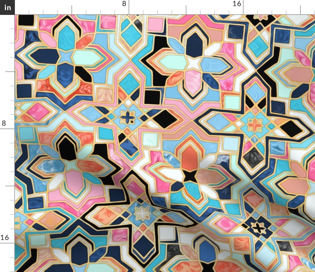 Boho Tilework in Coral Pink and Blue - Large