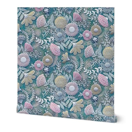 Paper Cut Flowers Faux Texture- Large Scale- Home Decor- Multicolored- Teal, Pink, Yellow and White- Jumbo Scale Botanical Wallpaper