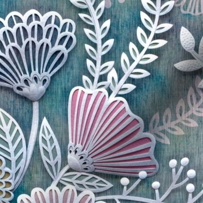 Paper Cut Flowers Faux Texture- Large Scale- Home Decor- Multicolored- Teal, Pink, Yellow and White- Jumbo Scale Botanical Wallpaper
