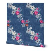 12x16-Inch Repeat of Graceful Flow of Mandevilla Blooms on Navy Blue