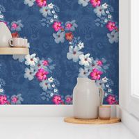 12x16-Inch Repeat of Graceful Flow of Mandevilla Blooms on Navy Blue