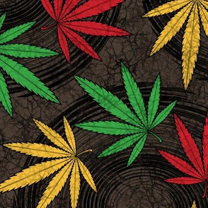 ★ RASTA WEED ★ AFRICAN BATIK / WAX INSPIRED - Red + Yellow + Green on Dark Brown - Jumbo Scale / Collection : Cannabis Factory 1 – Marijuana, Ganja, Pot, Hemp and other weeds prints