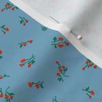 1930's Feedsack Poppy Floral in Cornflower Blue + Poppy Red