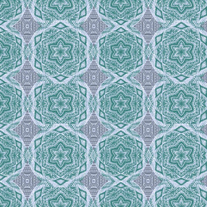 Hexagonal and tribal in slate and pine on periwinkle