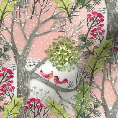 Christmas Mistletoe Kiss Birds Landscape / Small Scale