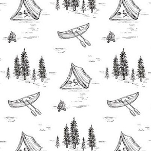 Lake Life Toile in Black & White for Forest Theme Home Decor & Wallpaper