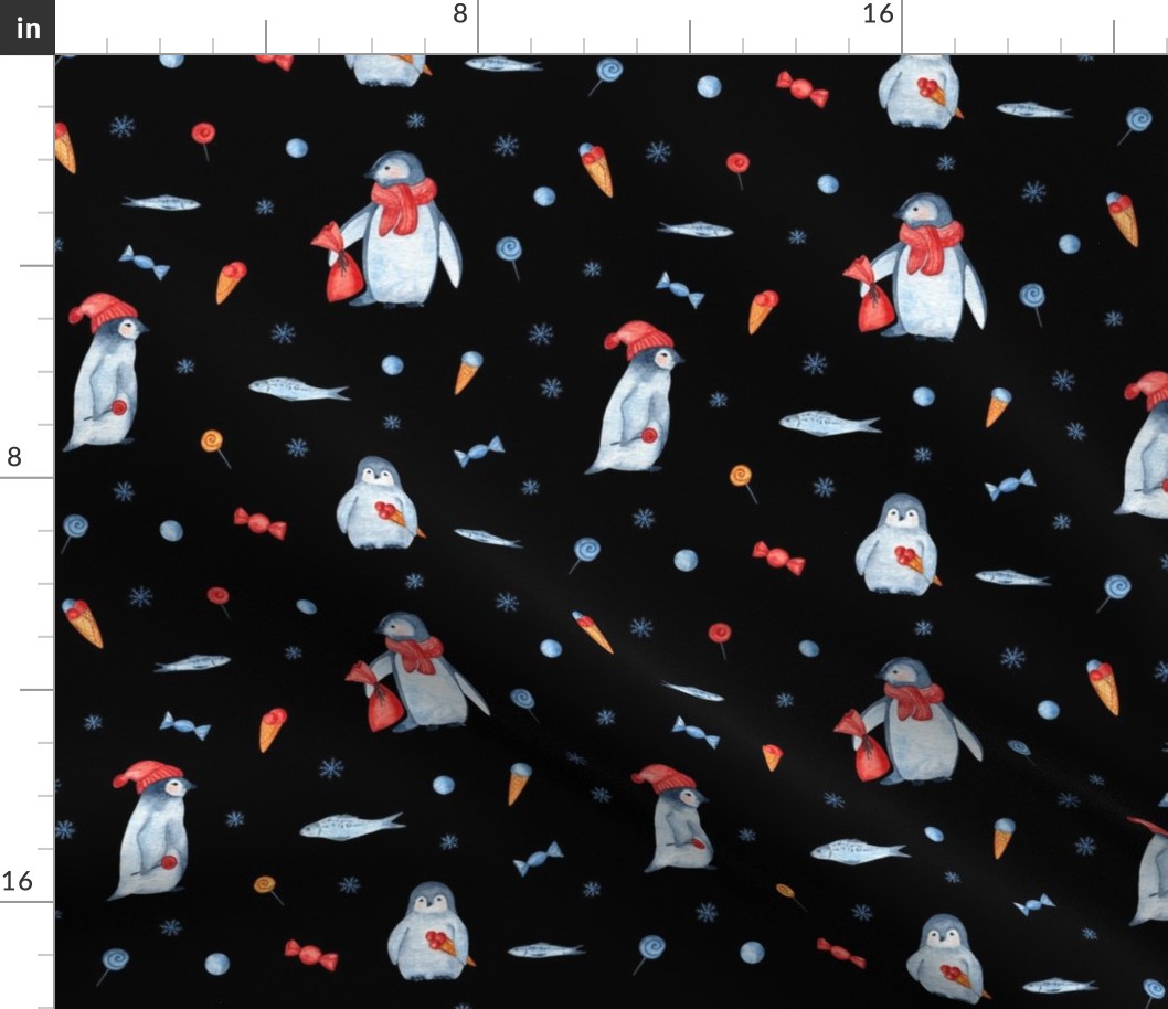 Penguins family pattern on black