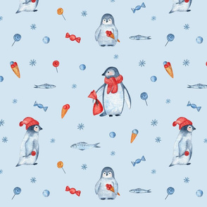 Penguins family pattern on blue