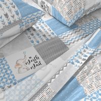 Elephant//Worth the wait//Baby Blue - Wholecloth Cheater Quilt 