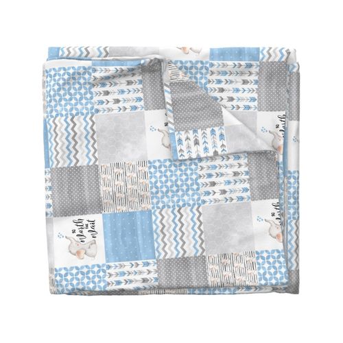 Elephant//Worth the wait//Baby Blue - Wholecloth cheater Quilt - Rotated