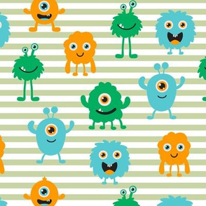 Multi Monsters Repeat Pattern - Green Stripes