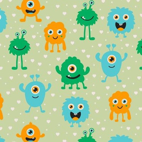 Multi Monsters Repeat Pattern - Green with hearts