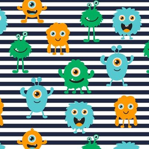 Multi Monsters Repeat Pattern - Navy Stripes