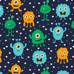 Multi Monsters Repeat Pattern - Navy With Hearts