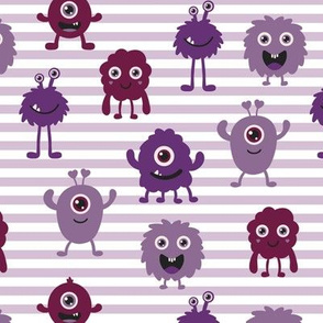 Purple Monsters Repeat Pattern - Purple Stripes without hearts