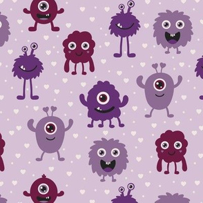 Purple Monsters Repeat Pattern - Purple With Hearts