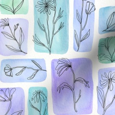 continuous line contour flowers on watercolor- blue