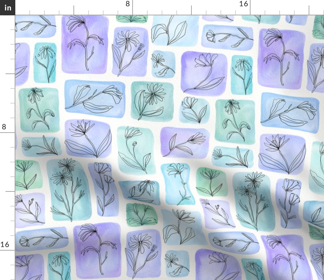 continuous line contour flowers on watercolor- blue