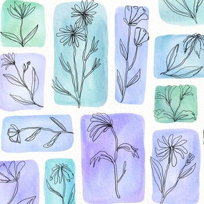 continuous line contour flowers on watercolor - blue - large scale