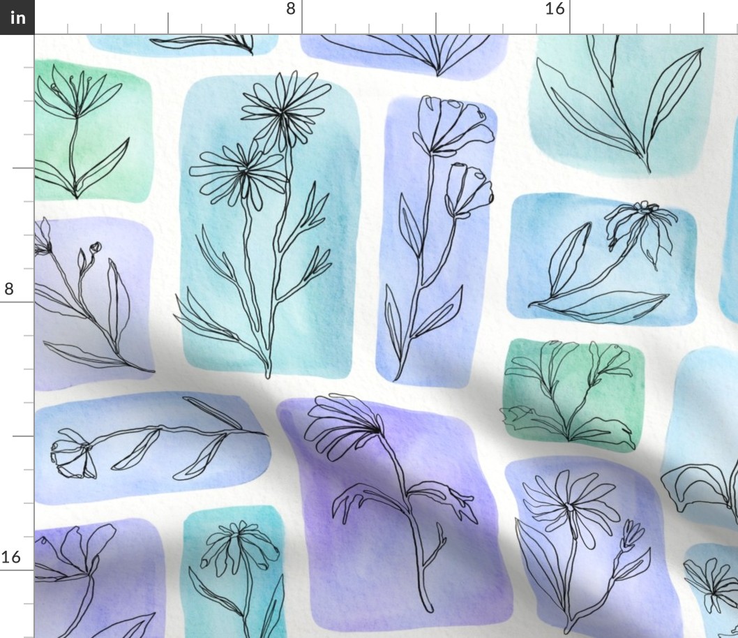 continuous line contour flowers on watercolor - blue - large scale