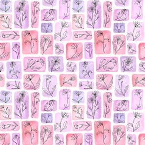 continuous line contour flowers on watercolor - pink - small scale