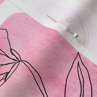 continuous line contour flowers on watercolor - pink - large scale